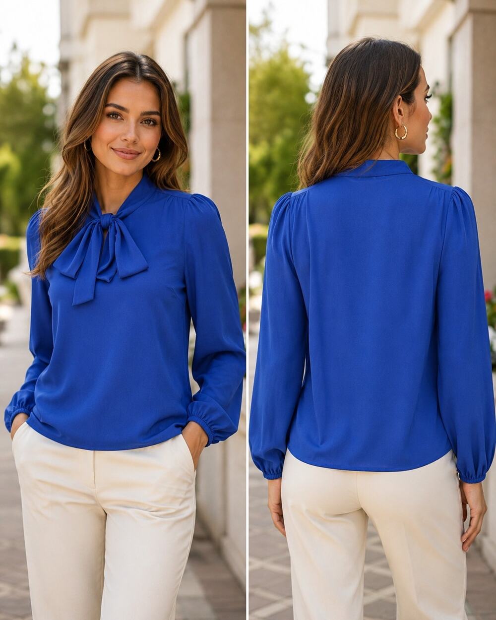 Tulip B Royal Blue Tie Neck Bow Blouse Small Long Sleeve NWT